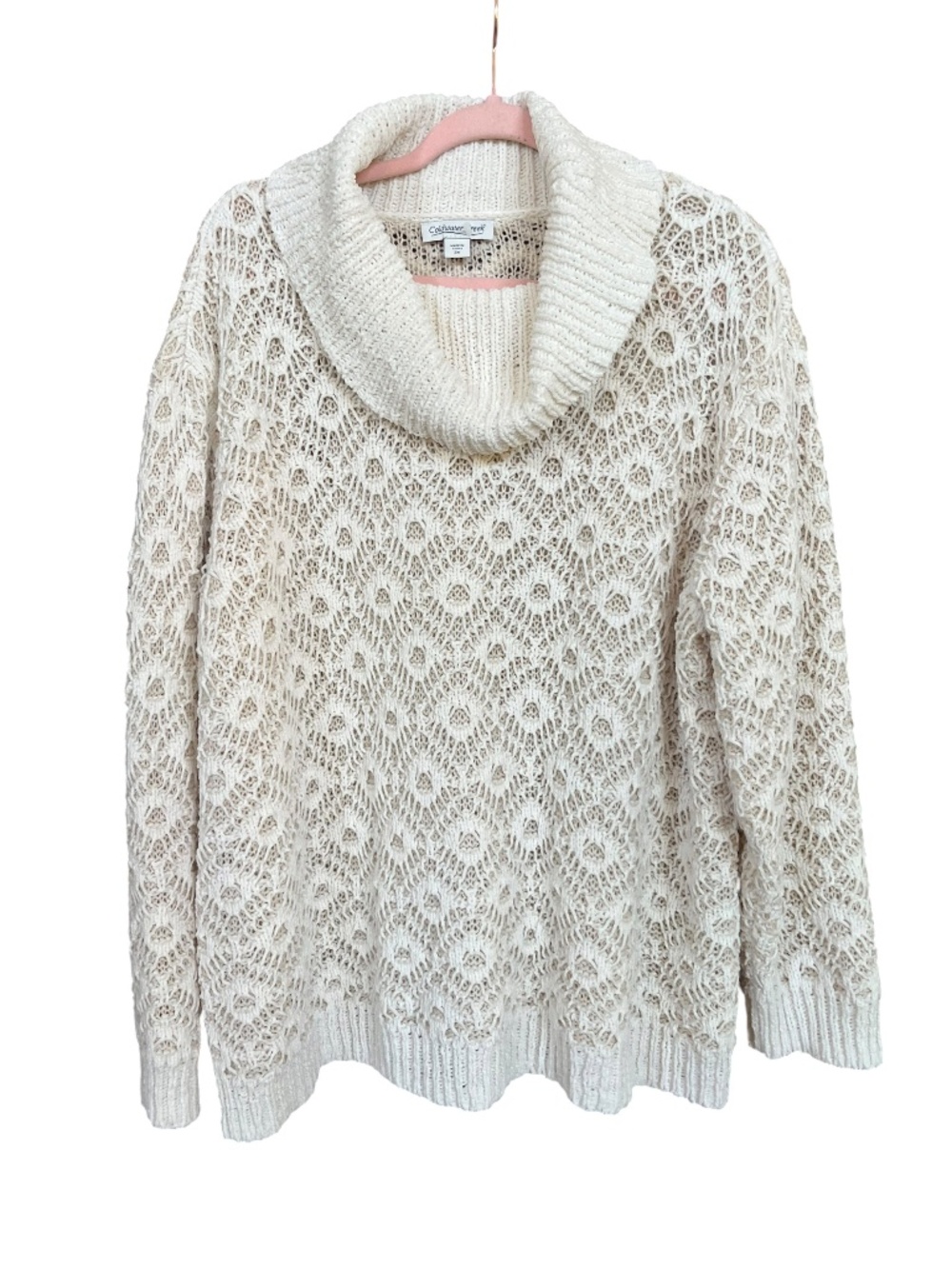 Coldwater Creek Cream Open Knit Crochet Long Sleeve Cowl Neck Sweater SZ 2X